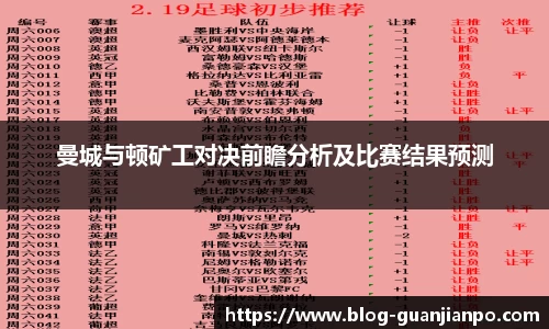 曼城与顿矿工对决前瞻分析及比赛结果预测